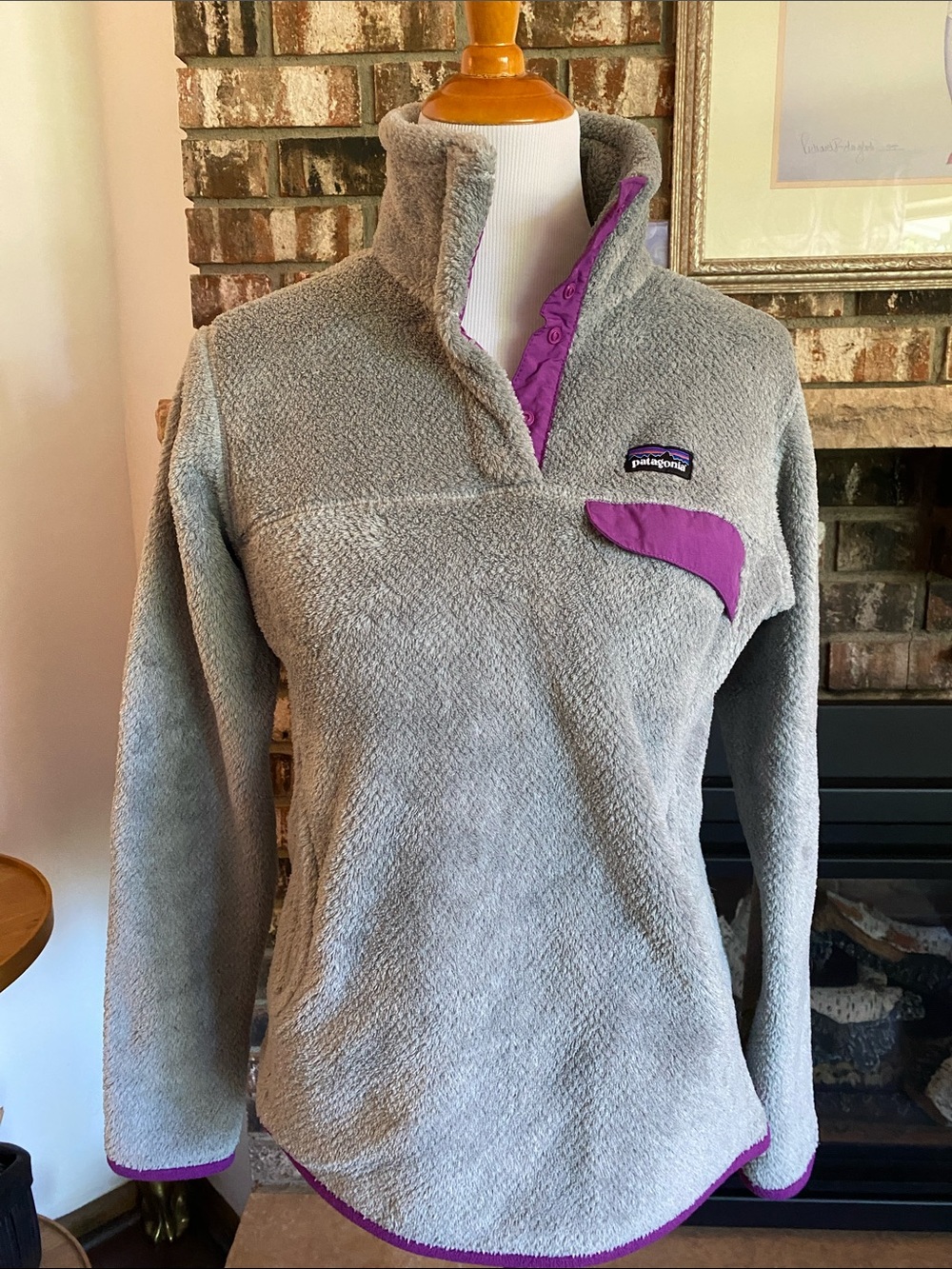 PATAGONIA gray and purple fleece synchilla pull over sweater. Soft and warm!!